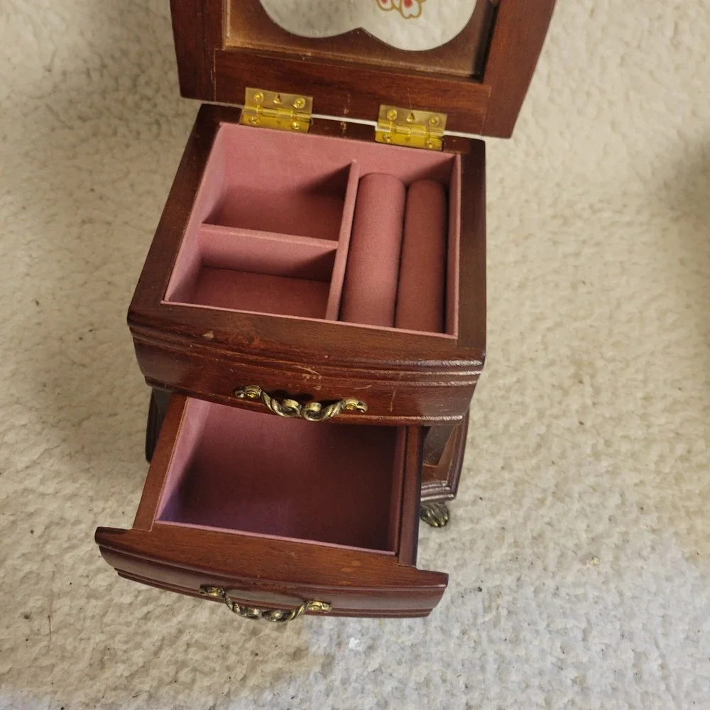 Mele Vintage Wooden Jewelry Box Heart Floral Glass Top Footed Dresser Style